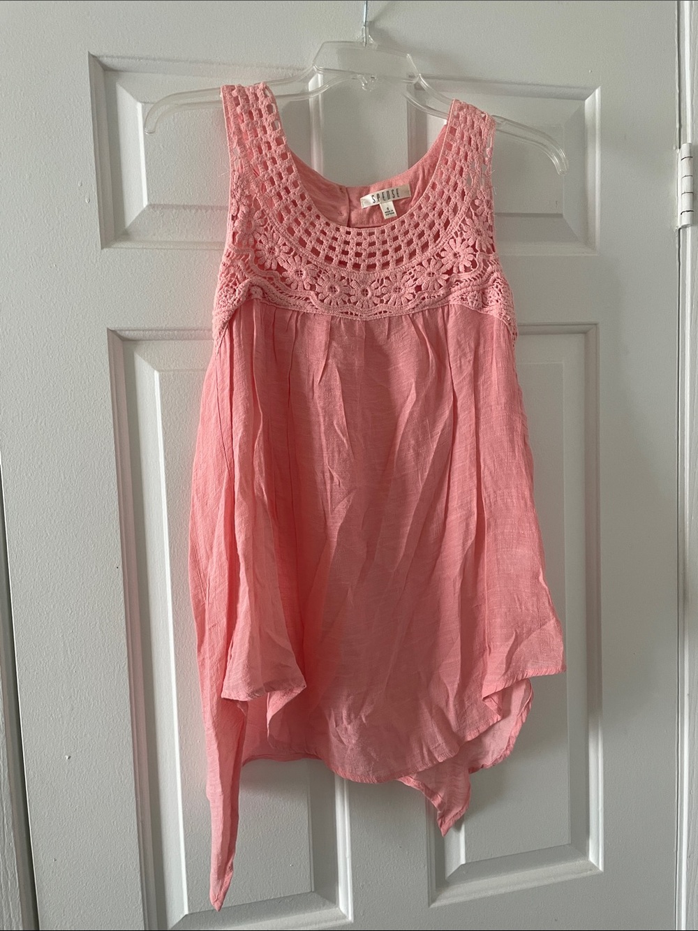 Spense Coral Pink Crochet Yoke Sleeveless Top